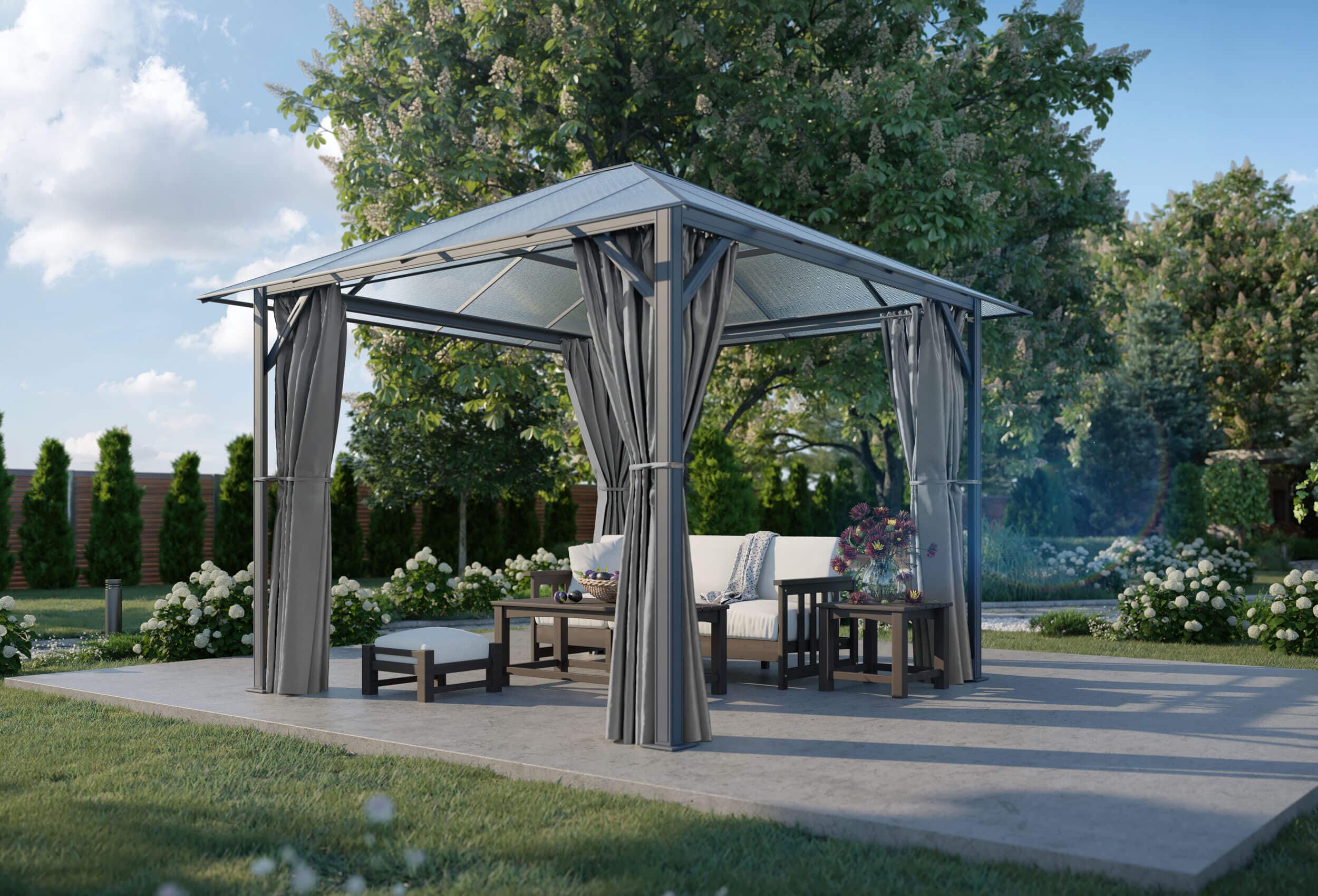 3x3 m Hardtop Pavillon Romance, inkl. Seitenteile grau